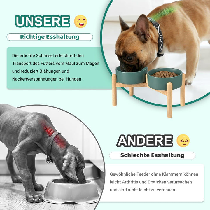 SPUNKYJUNKY Hundenapf Keramik Fressnapf Erhöhter Futternapf Wassernapf mit Bambus Ständer für mittel