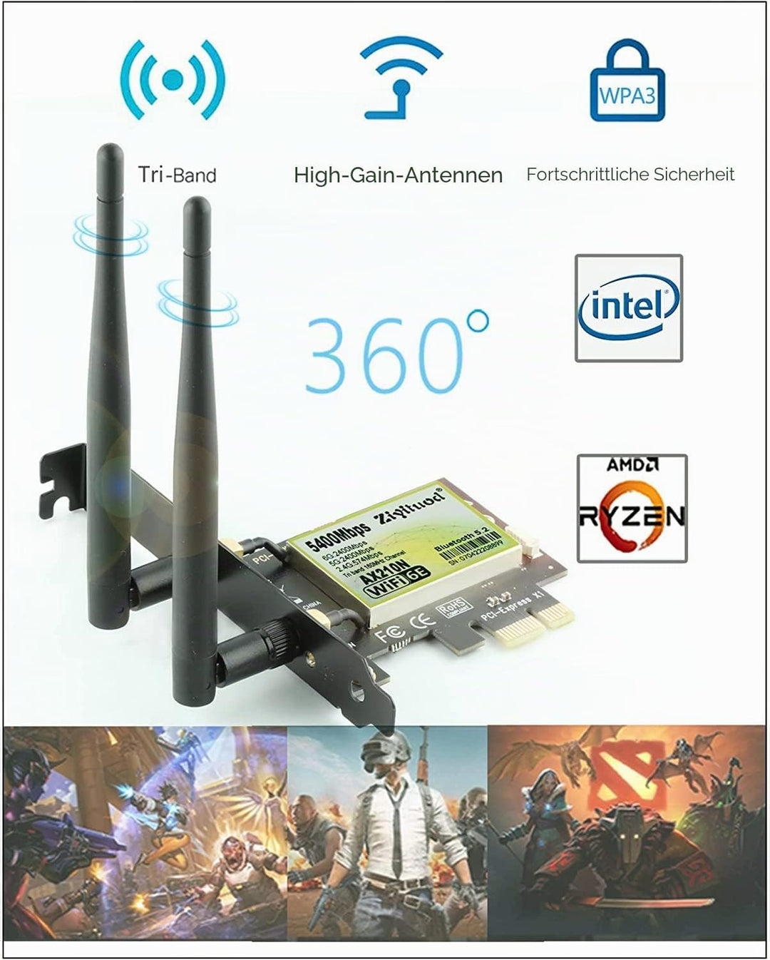 ZYT WLAN Karte PCIe WiFi 6E Bluetooth 5.2, Intel WiFi 6E AX210, Bis zu 5400Mbit/s PCIe WiFi 6 Karte,