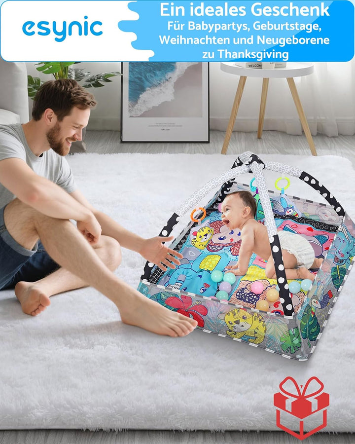 eSynic Baby Gym Spieldecke mit Spielbogen & Netz Baby Spielmatte für Bauchzeit 7-in-1 Krabbeldecke m