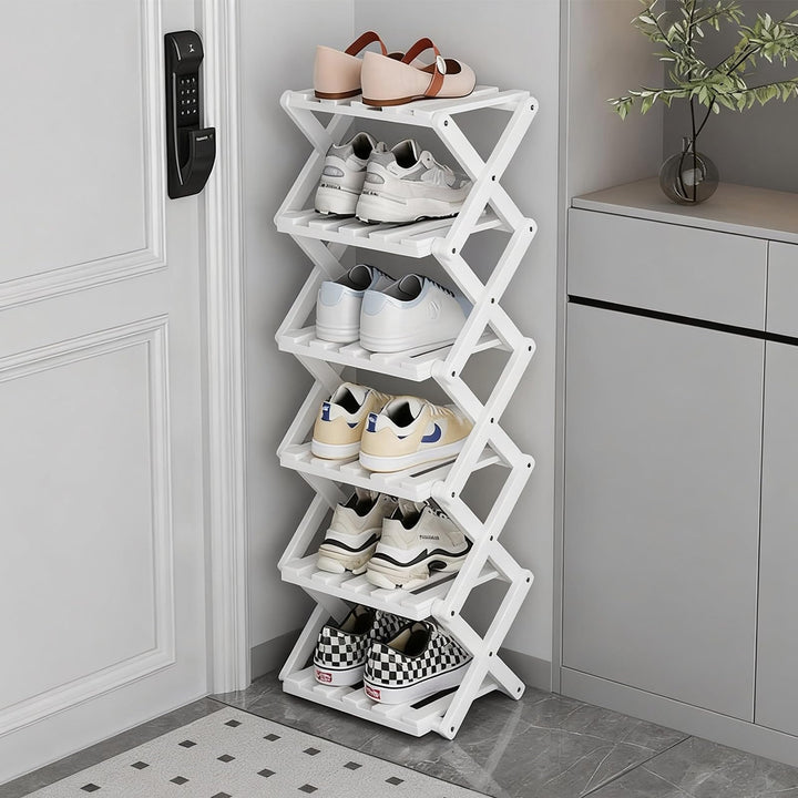 Kleines Schuhregal, weiss, 6 Etagen, Bambus, faltbar, Schuh-Organizer, freistehendes Regal für Einga