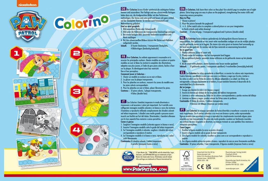 Ravensburger Kinderspiele - 20906 - Paw Patrol Colorino, Kinderspiel zum Farbenlernen, Mosaik Stecks