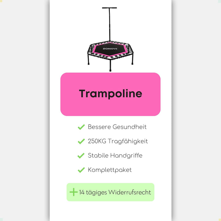 Fitness-Trampolin - 250 Kilo - Mini Trampolin - Schwarz - Pink - 106 cm - 42 Zoll