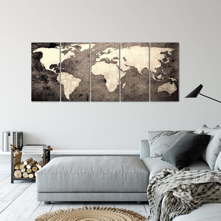 Runa Art Wandbild XXL Weltkarte Büro Wohnzimmer 200 x 80 cm Braun 5 Teilig - Made in Germany - 10175