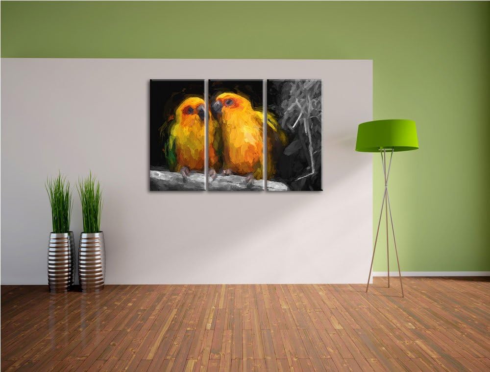 Dark zwei niedliche Sonnensittiche schwarz/weiss Deluxe 3-Teiler Leinwandbild 120x80 Bild auf Leinwa