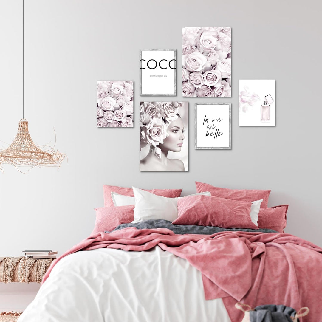 Novart Wandbilder Set Coco Fashion Grau Rosa - KEIN EXTRA RAHMEN BENÖTIGT - Modern Deko - Wohnzimmer