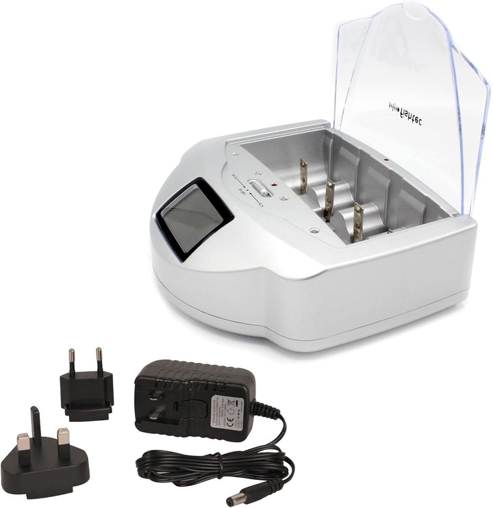 FISHTEC Universal Ladegerät für Batterien AA/LR6, AAA/LR3, C/LR14, D/LR20, 9V, NiCd und NiMh + ALKAL