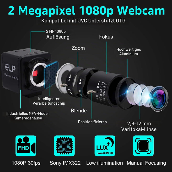 ELP 1080P Weitwinkel Web Kamera mit 2.8-12mm Zoom Objektiv,IMX323 Sensor Webcam Plug &amp; Play für PC,D