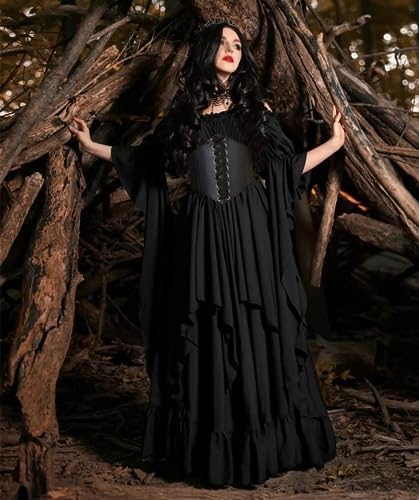 Halloween Kostüm Damen,Mittelalter Renaissance Kleidung mit Korsett Gürtel Retro Maxikleid Viktorian