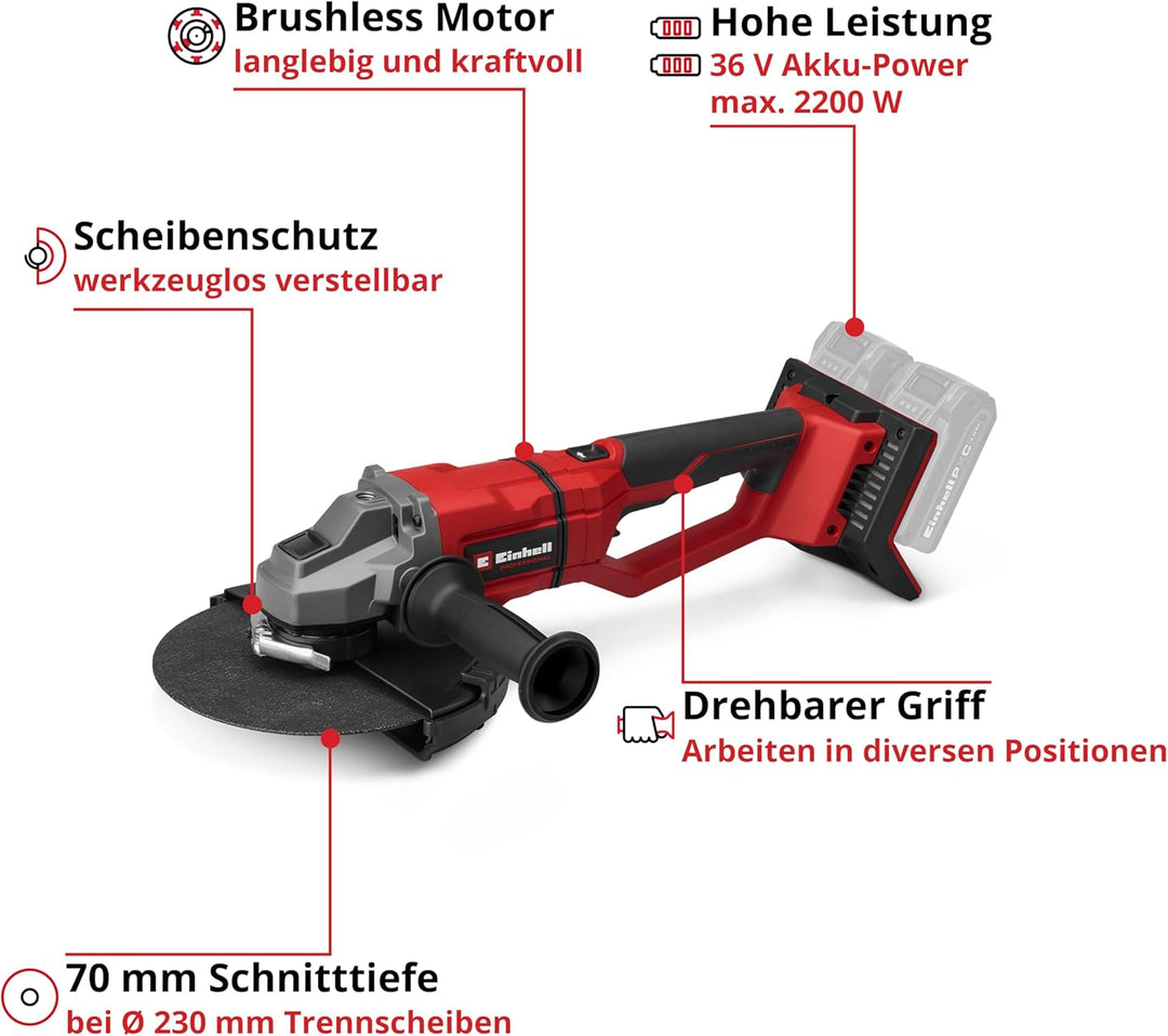 Einhell Professional Akku-Winkelschleifer TP-AG 36/230-22 Li BL - Solo Power X-Change (36 V, 2200 W,