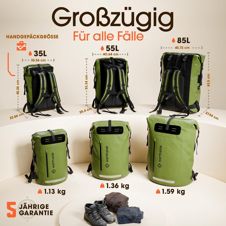 Earth Pak wasserdichter Rucksack – 35L / 55L Waterproof Backpack mit leistungsstarkem Rolltop Rollve