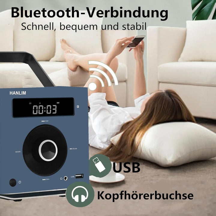 CD Player Tragbar mit Bluetooth, UKW Radio, 2000mAh wiederaufladbare Akku, MP3-Wiedergabe/USB/AUX-Ei