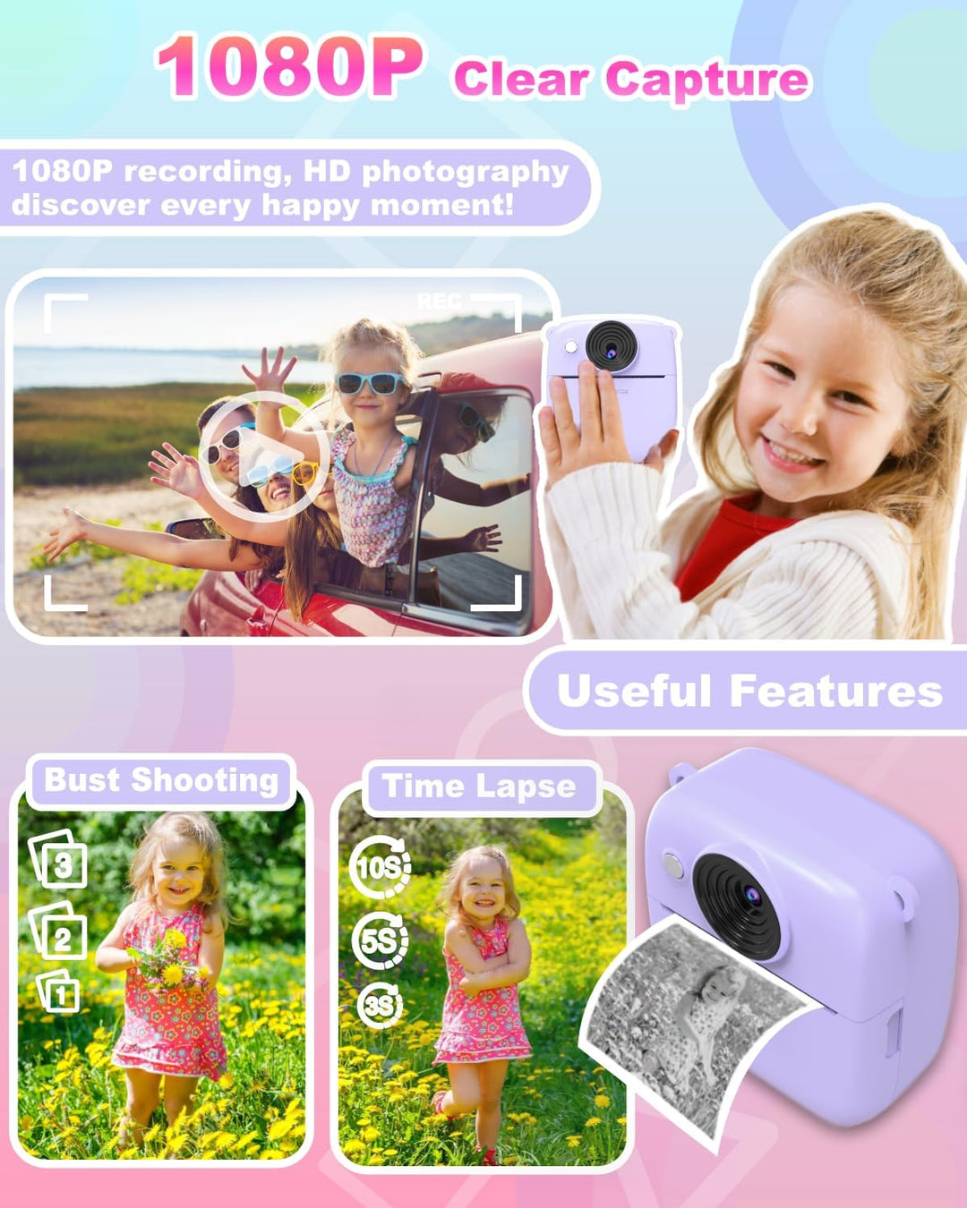 Kinderkamera mit Sofortfunktion – 8-facher Digitalzoom 2,0 Zoll (5,0 cm) Display, Digitalkamera für