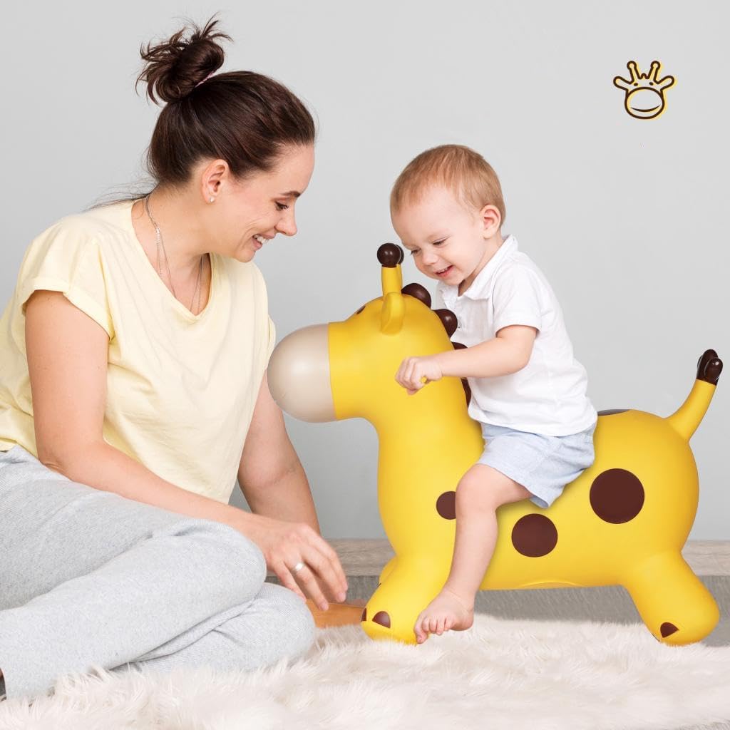 U&C Planet Hüpftier für Kinder Aufblasbare Giraffe Gelbe Giraffe Hüpfer mit Handpumpe,Sprungpferd Hü