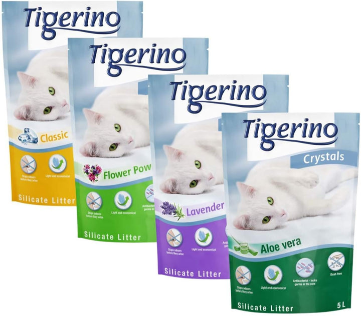 Tigerino Crystals Katzenstreu gemischt Probepackung 6 x 5 Liter stoppt Gerüche in Sekundenschnelle a