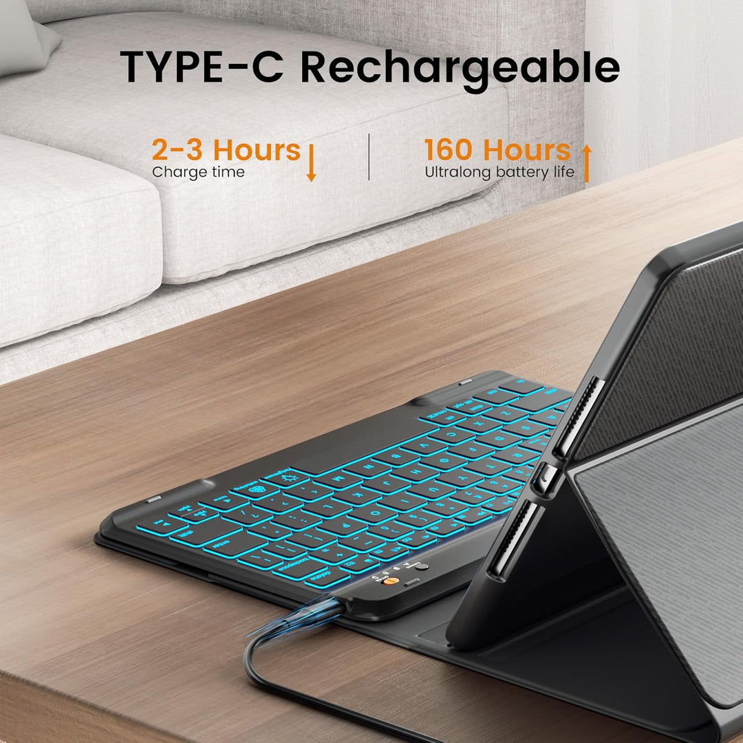 Hülle mit Tastatur für iPad 9/8/ 7 Generation 10,2 Zoll, Vergrösserte Anti-Falloff Tastenkappen Tast