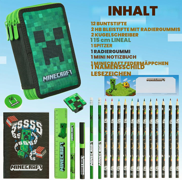 Minecraft Federmäppchen Jungen und Mädchen Mäppchen Gefüllt Creeper Federmappe mit Schreibwaren Game
