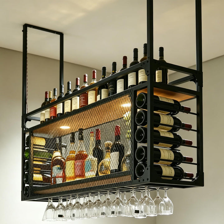 80cm Hängendes Weinregal, 2-Lagiges Schwimmendes Deckenregal aus Metall, Stabil Flaschenhalter Aufbe