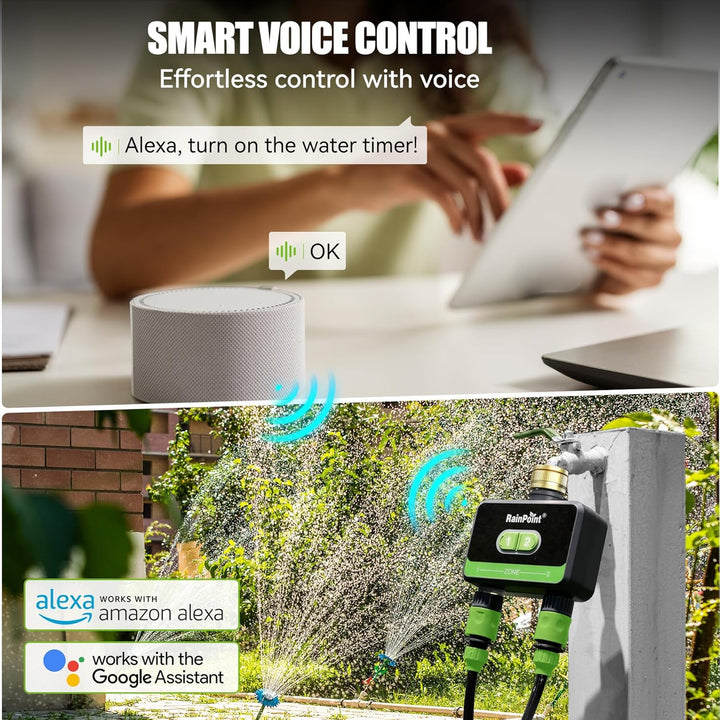 RAINPOINT Bewässerungscomputer WLAN 2 Ausgänge, Messing-Einlass und -Auslass, Automatische Garten Be