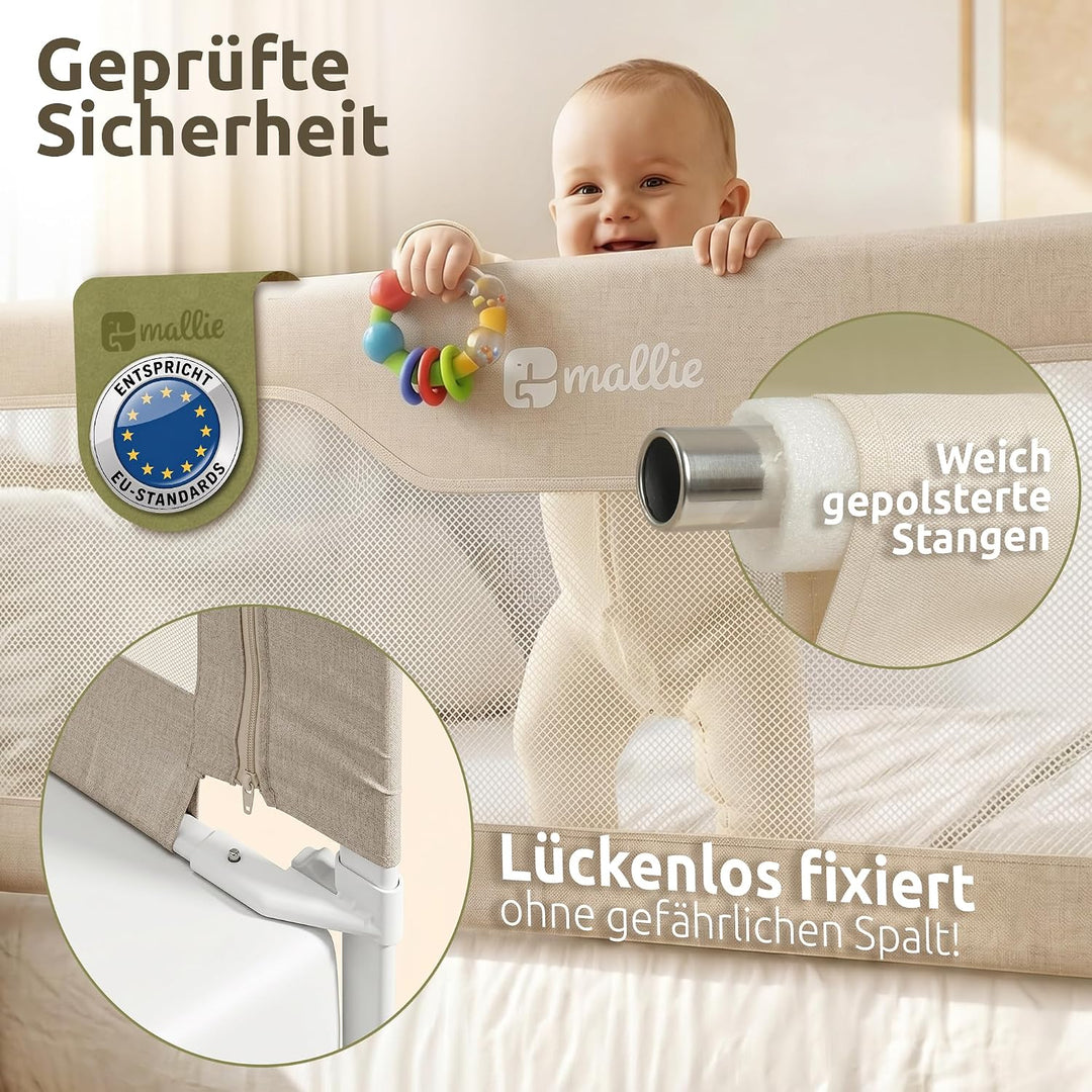 Mallie® Rausfallschutz Boxspringbett 200x200cm Elternbett Beige | 3-seitiges Set mit MALLIEFIX 2.0 C