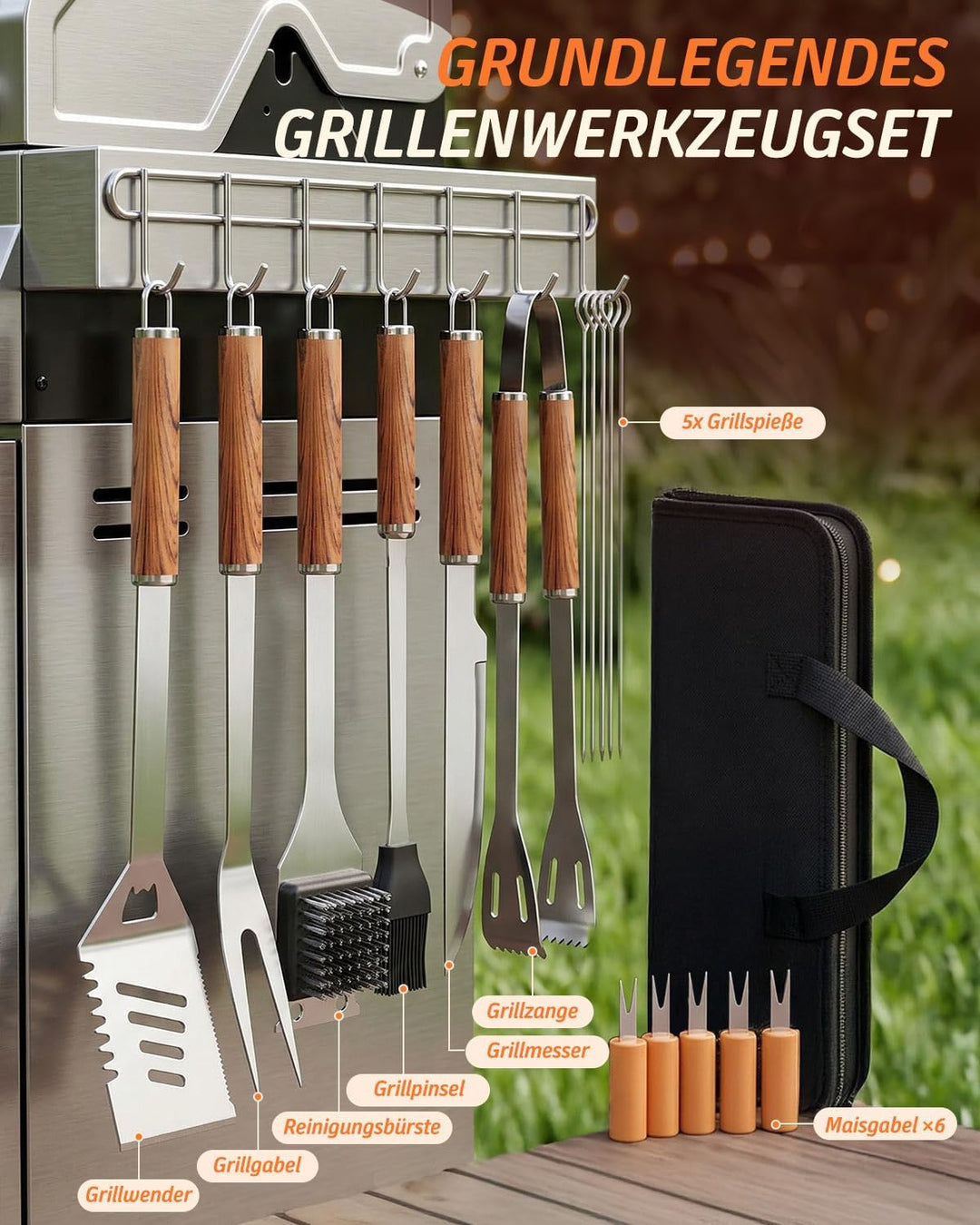 Grillbesteck Set, 17-teilig Edelstahl Grill Zubehör mit Tragetasche, Umfassendes Grillbesteck für da