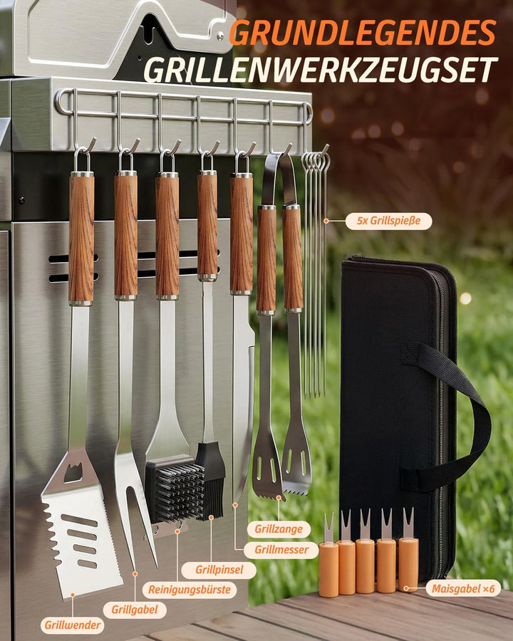 Grillbesteck Set, 17-teilig Edelstahl Grill Zubehör mit Tragetasche, Umfassendes Grillbesteck für da
