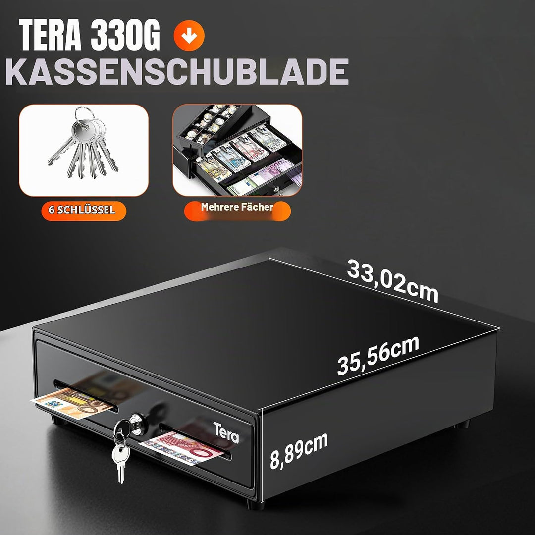 Tera Kassenschublade Kassenlade Elektrisch mit 4 Geldscheinfächern: 8 Münzfächern, 6 Schlüsseln für