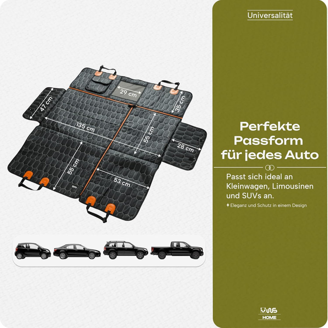 Hundedecke Auto 4-in-1 – Rückbank-, Hängematten-, Teil- & Vordersitz-Schutz, 132×145 cm – 600D Oxfor