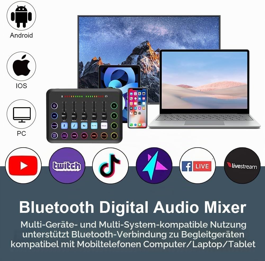 OFFCUP Podcast Equipment Set Mischpult Audiomixer mit Stativ Kondensator Mikrofon USB C Audiointerfa