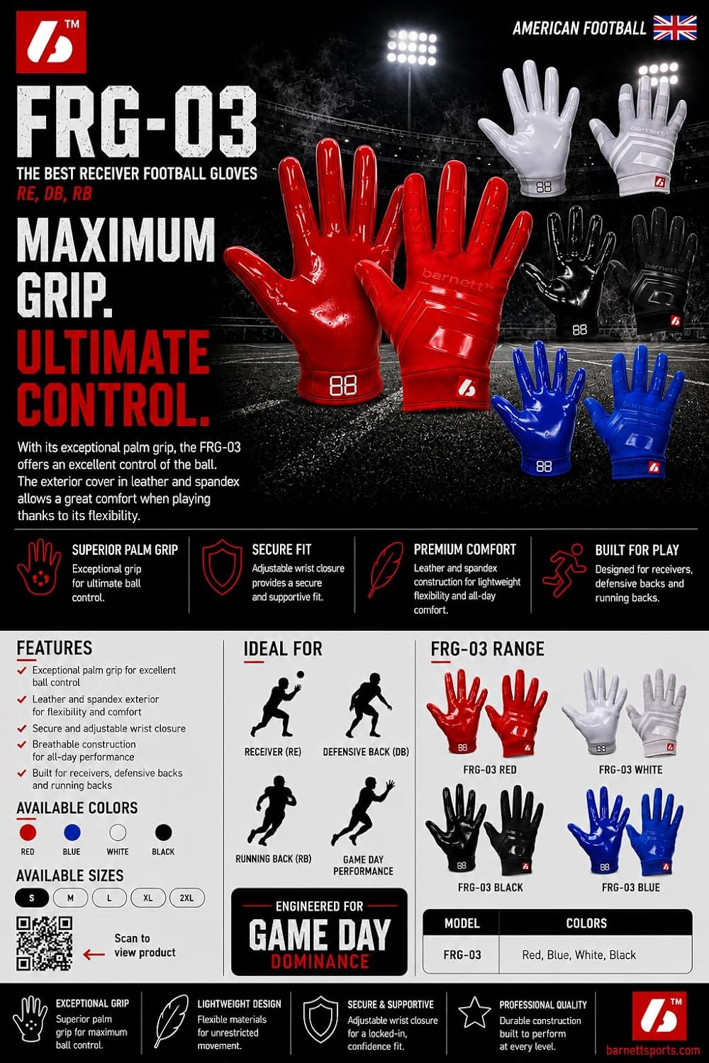 BARNETT FRG-03 weiss professionell Receiver Fussball Handschuhe, RE, DB, RB XXL, XXL