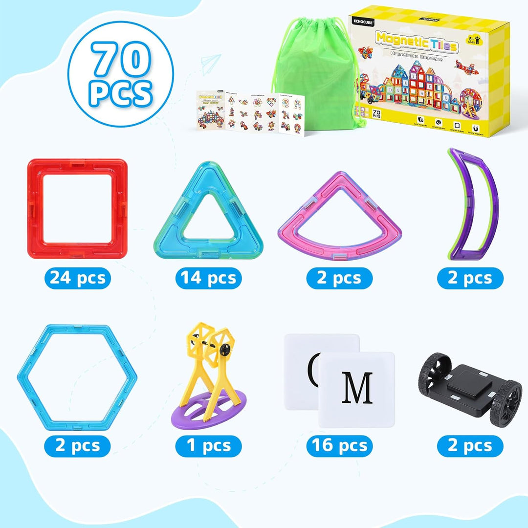 ECHOCUBE Magnetic Building Blocks Set 70PCS - Educational Magnet Tiles mit Hellen Farben, Kinder Con