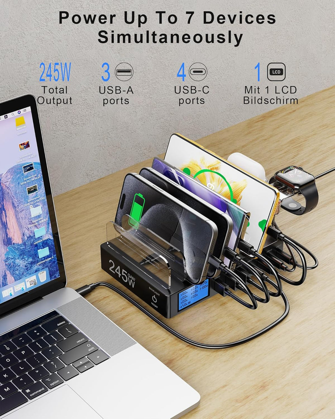 Ladestation für mehrere Geräte, 245W 7 Port Ladegerät mit LCD Bildschirm und 2-in-1 i-Watch-Ladehalt