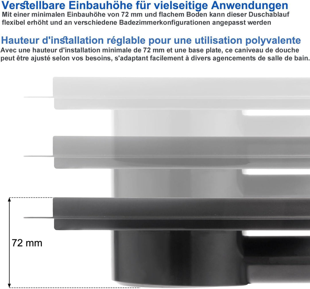 Kasloglow Duschablauf Schwarz Quadratisch 15x15 cm, Edelstahl Bodenablauf, Befliesbar, Siphon mit Ha