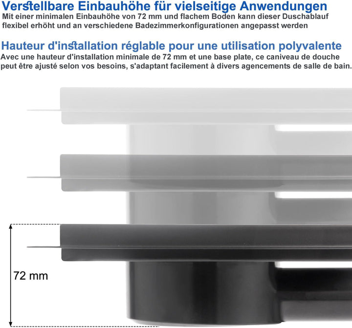Kasloglow Duschablauf Schwarz Quadratisch 15x15 cm, Edelstahl Bodenablauf, Befliesbar, Siphon mit Ha