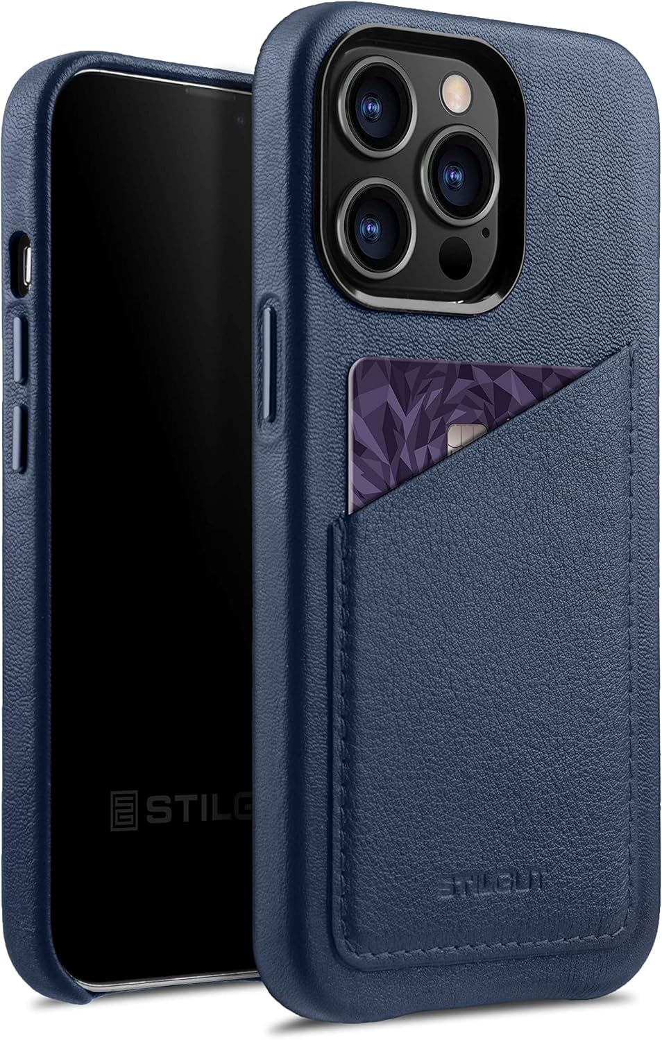 STILGUT Cover kompatibel mit iPhone 13 Pro Hülle mit Kartenfach, Case aus Leder, Kartenhülle - Dunke