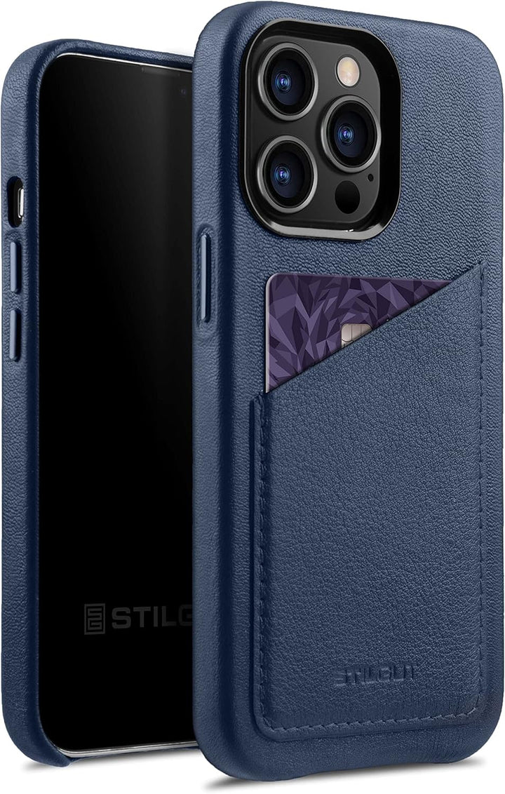STILGUT Cover kompatibel mit iPhone 13 Pro Hülle mit Kartenfach, Case aus Leder, Kartenhülle - Dunke