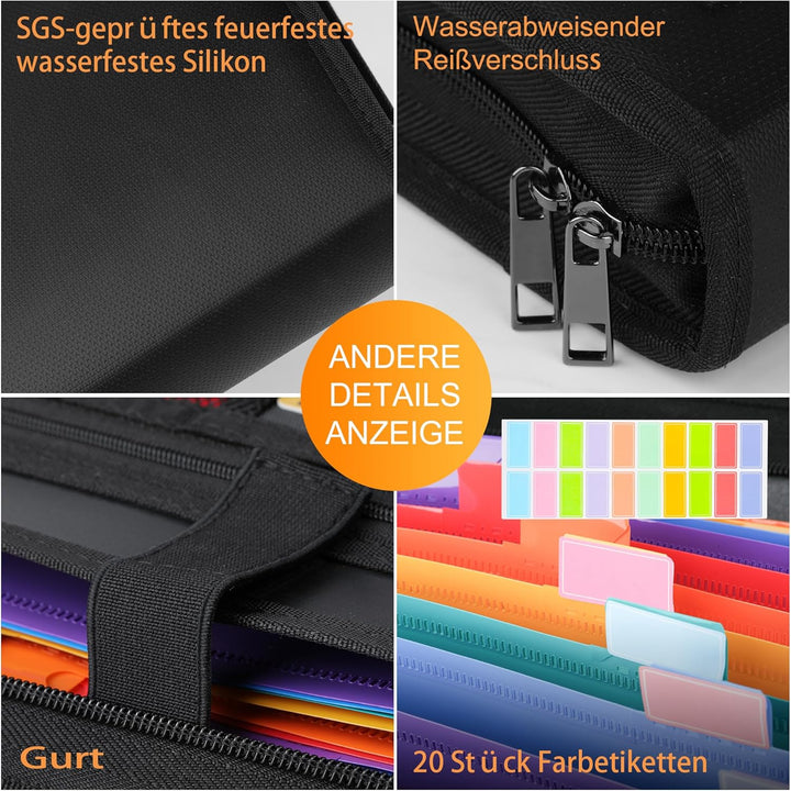 JUNDUN Feuerfest Dokumententasche - Fächermappe A4 Feuerfest mit mehreren Fächern - Dokumentenmappe