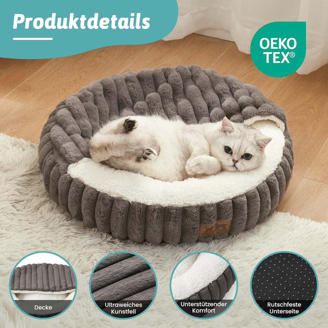 COZY KISS Katzenbett mit Decke 58x58x15cm - Flauschige Katzenhöhle - Kissen, Runde kleine Hundebett
