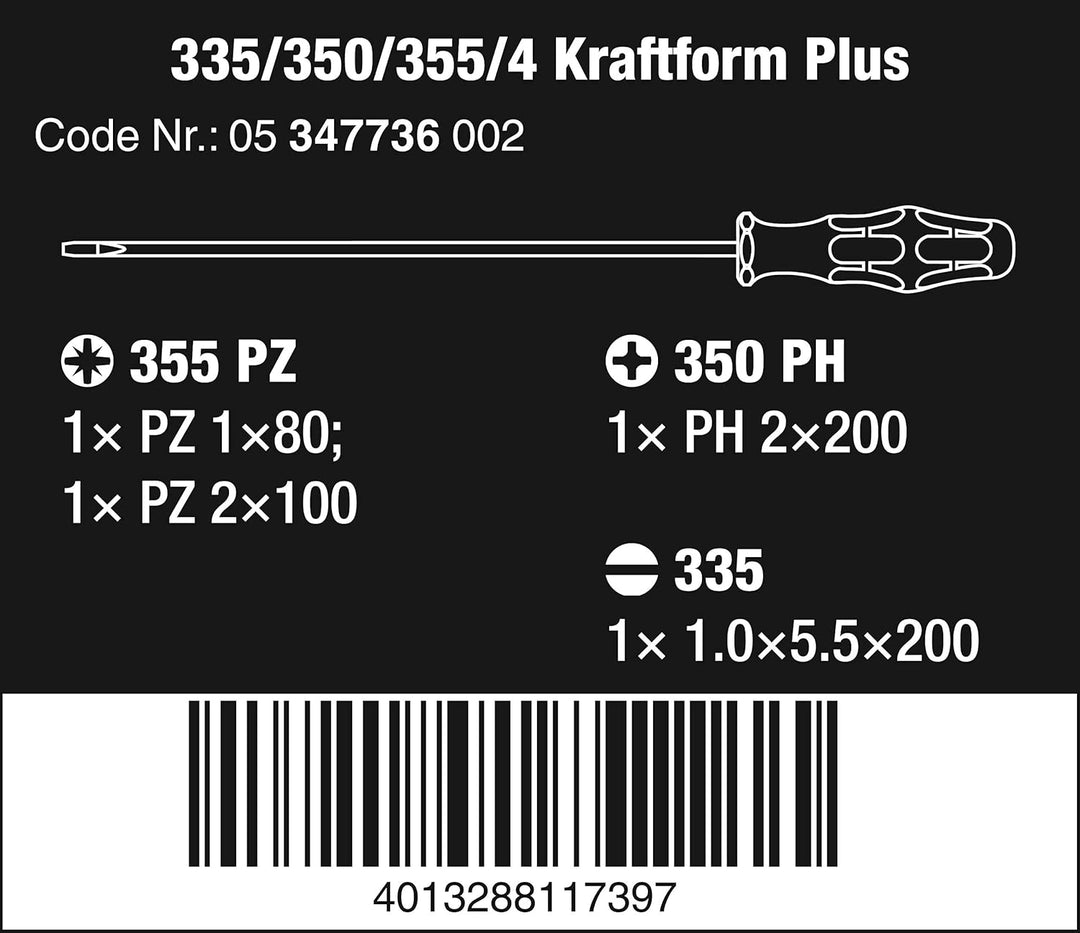 Wera 5347736002 335/350/355/4 Schraubendrehersatz Kraftform Plus Lasertip mit 200 mm langen Klingen,