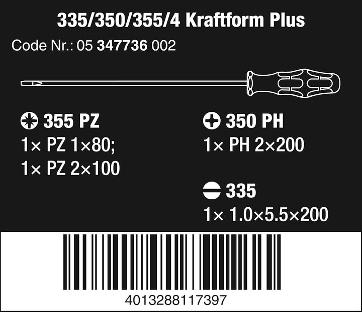 Wera 5347736002 335/350/355/4 Schraubendrehersatz Kraftform Plus Lasertip mit 200 mm langen Klingen,