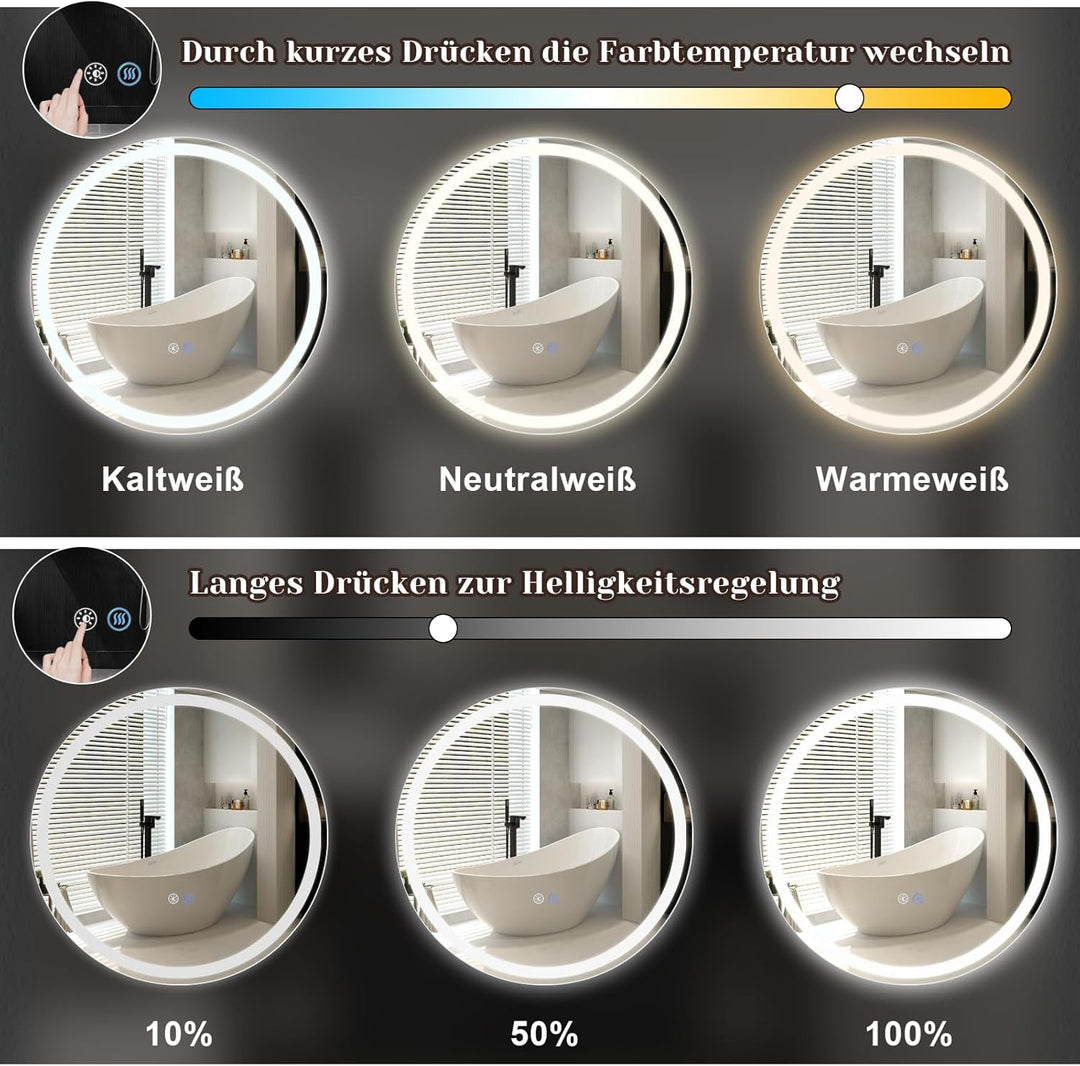 Spiegel Bad Badspiegel mit Beleuchtung - LED Badezimmerspiegel Rund 50cm Wandspiegel Badezimmer mit