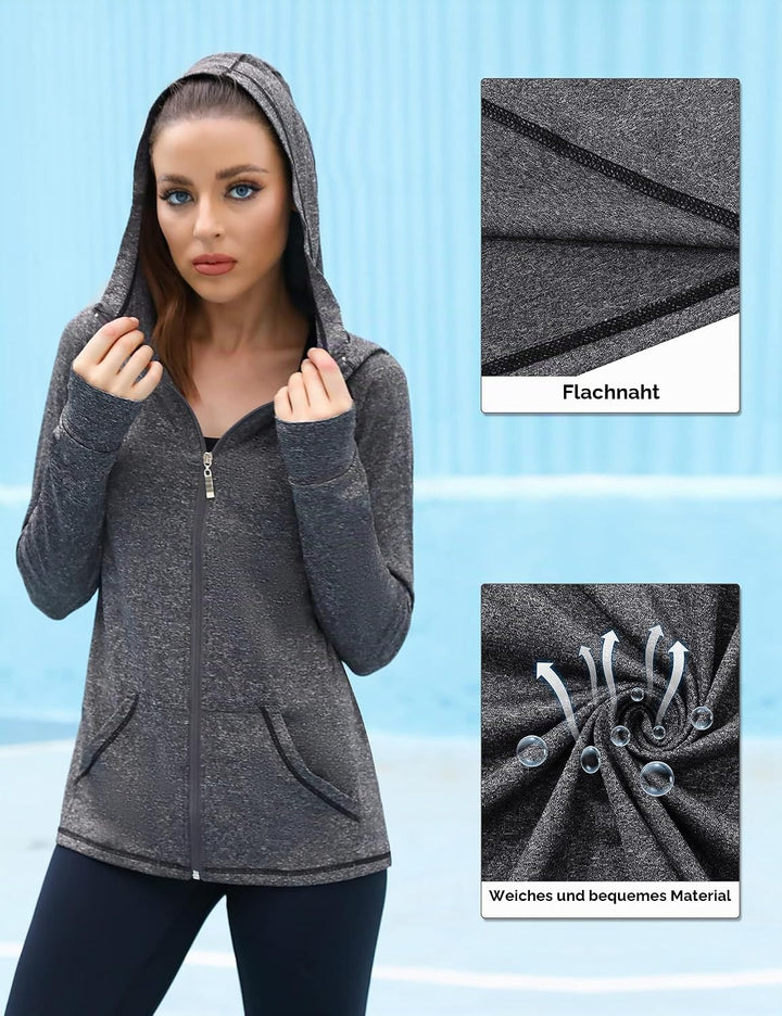 Sykooria Damen Sweatjacke Langarm Trainingsjacke Laufjacke Hoodie Leichte Atmungsaktiv Sportjacke vo