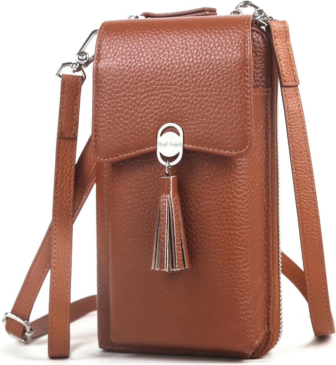 Pearl Angeli Weiches Echtes Leder Handy Umhängetasche - Handytasche Geldbörse Damen RFID Schutz klei