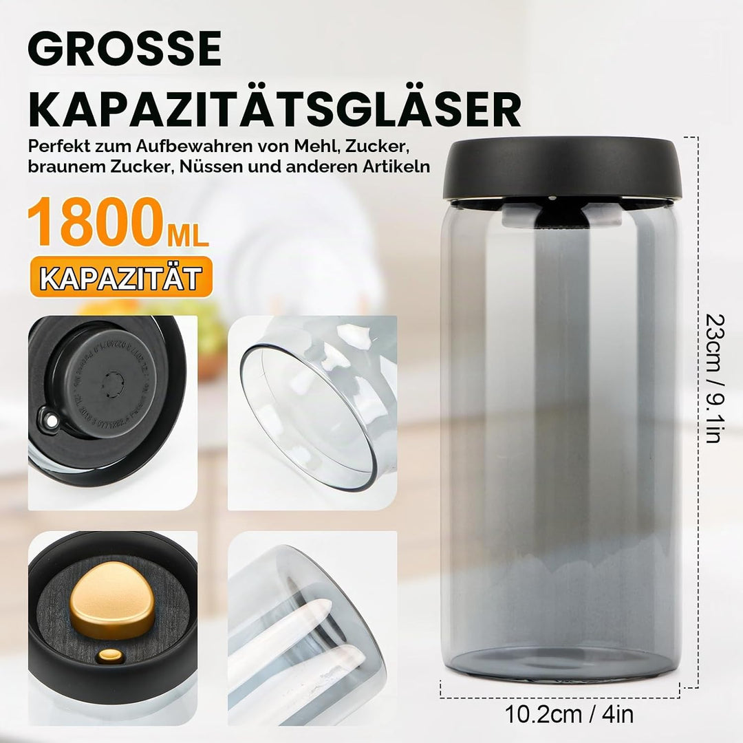 Kaffeedose Luftdicht, Kaffeebohnen Behälter Vakuumdeckel 1.8L, Vorratsdosen Mit Deckel Luftdicht Gla