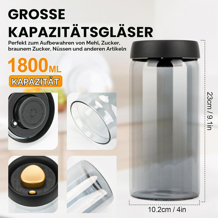Kaffeedose Luftdicht, Kaffeebohnen Behälter Vakuumdeckel 1.8L, Vorratsdosen Mit Deckel Luftdicht Gla