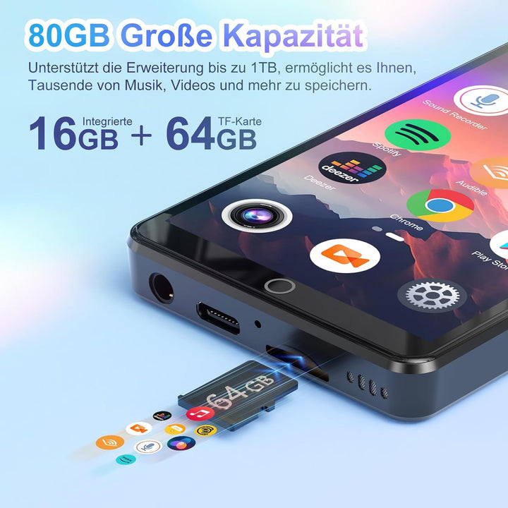 MP3-Player mit Bluetooth und WLAN, 80 GB Speicher Android Spotify MP4-Player mit Rückfahrkamera, 4,0