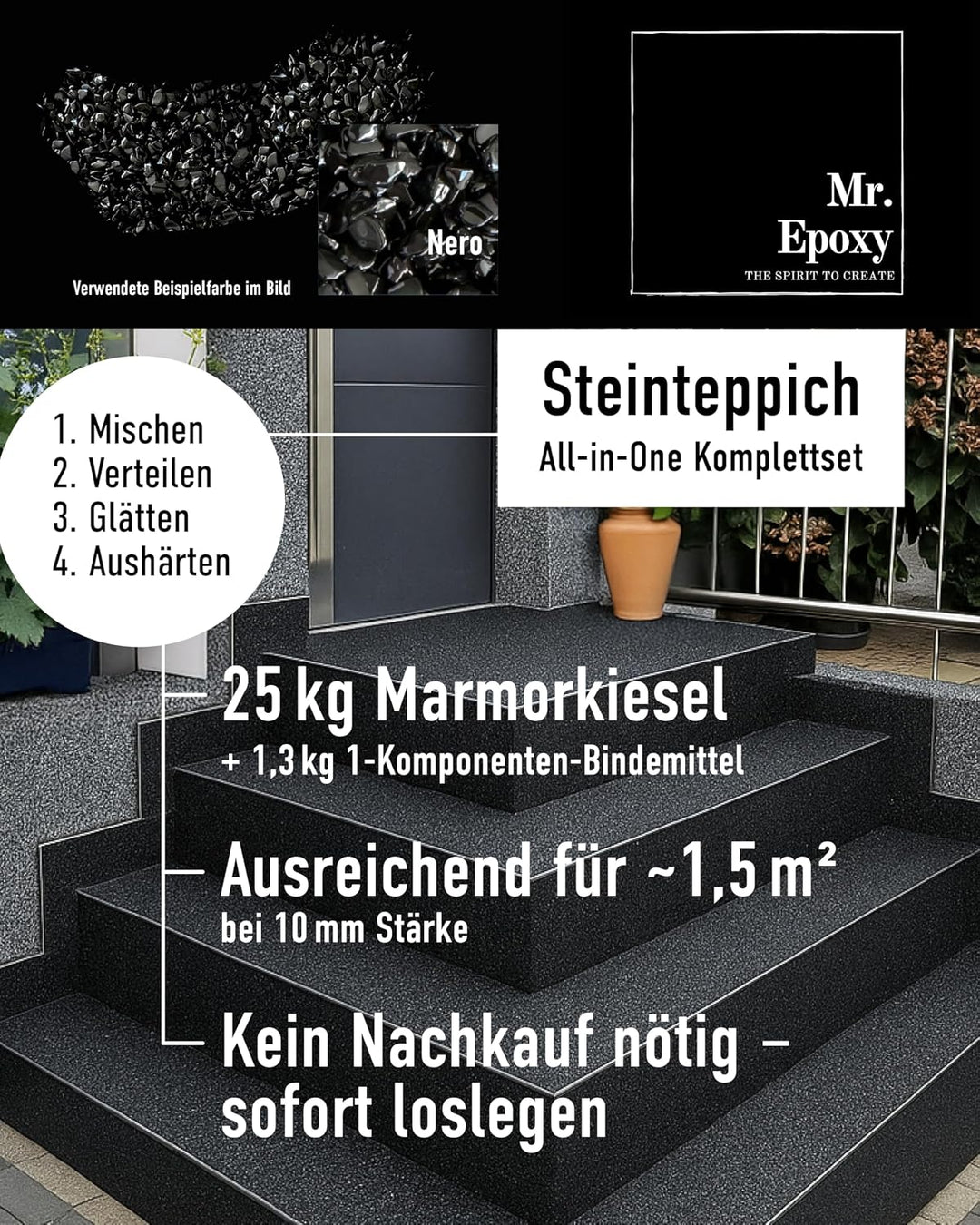 Steinteppich für Aussen &amp; Innen Komplettset (25kg Kies + 1,3kg Bindemittel) - UV-Stabil &amp; Geruchsneu