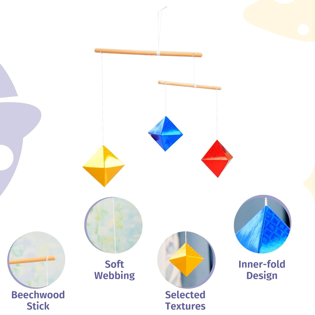 Geometrisches Oktaeder in verschiedenen Grössen Mobile, Montessori-Mobile, Gelb Blau Rot, Holzstab,