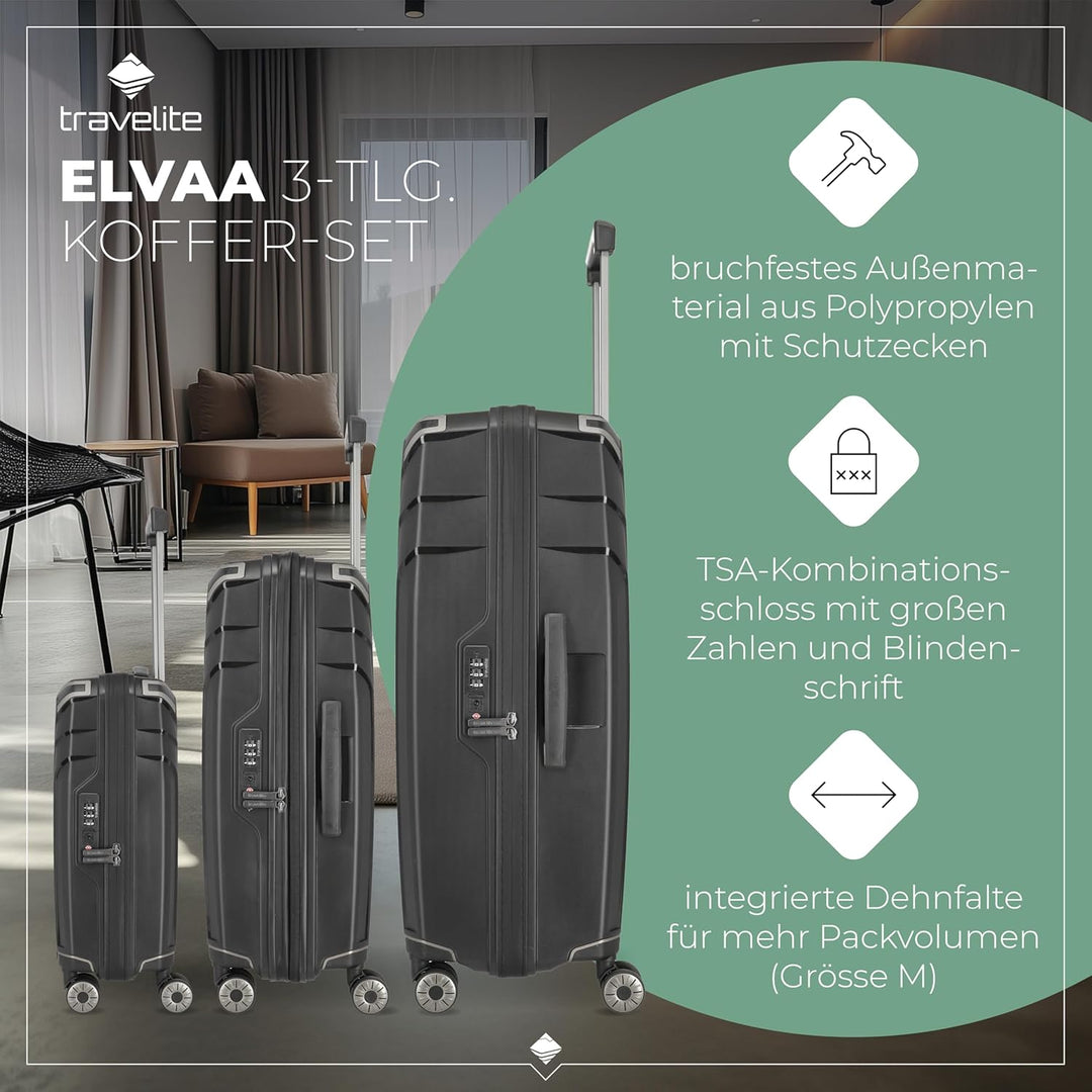 travelite Kofferset 3 teilig Hartschale nachhaltig, Grössen S-M-L, ELVAA, Hartschalenkoffer Set mit