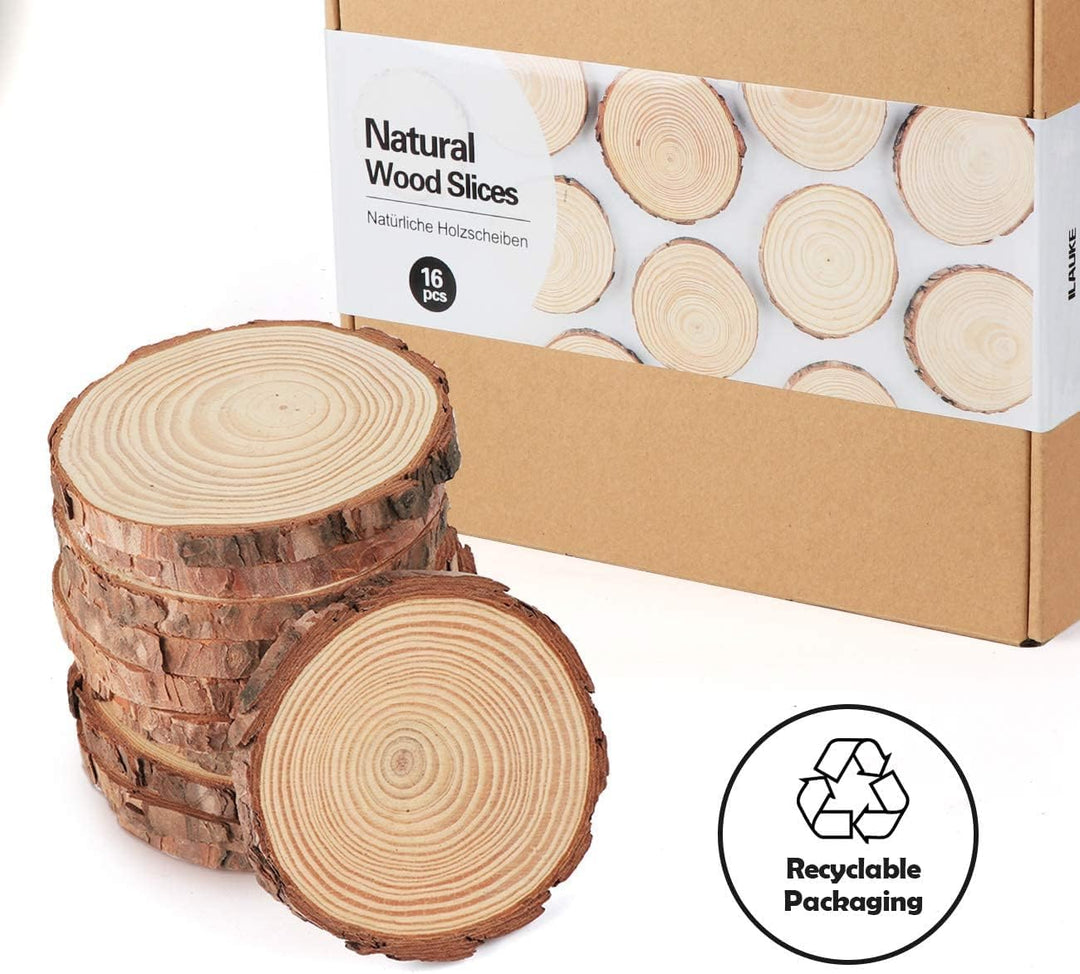 ilauke 16 Stücke Holzscheiben Holz Log Scheiben 9-10cm Runde Naturholz Baumscheiben Ca.10mm Dicke fü