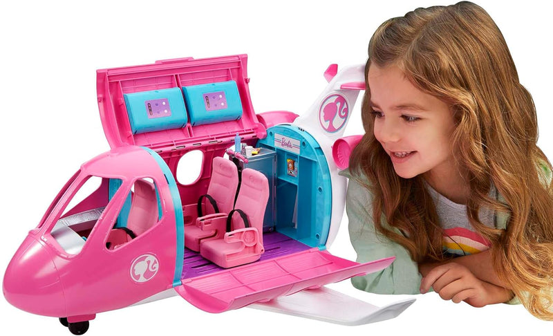 Barbie Flugzeug Dream Plane (ohne Barbie Puppe), mit beweglichen Räder und 15x Barbie Zubehör, in ro